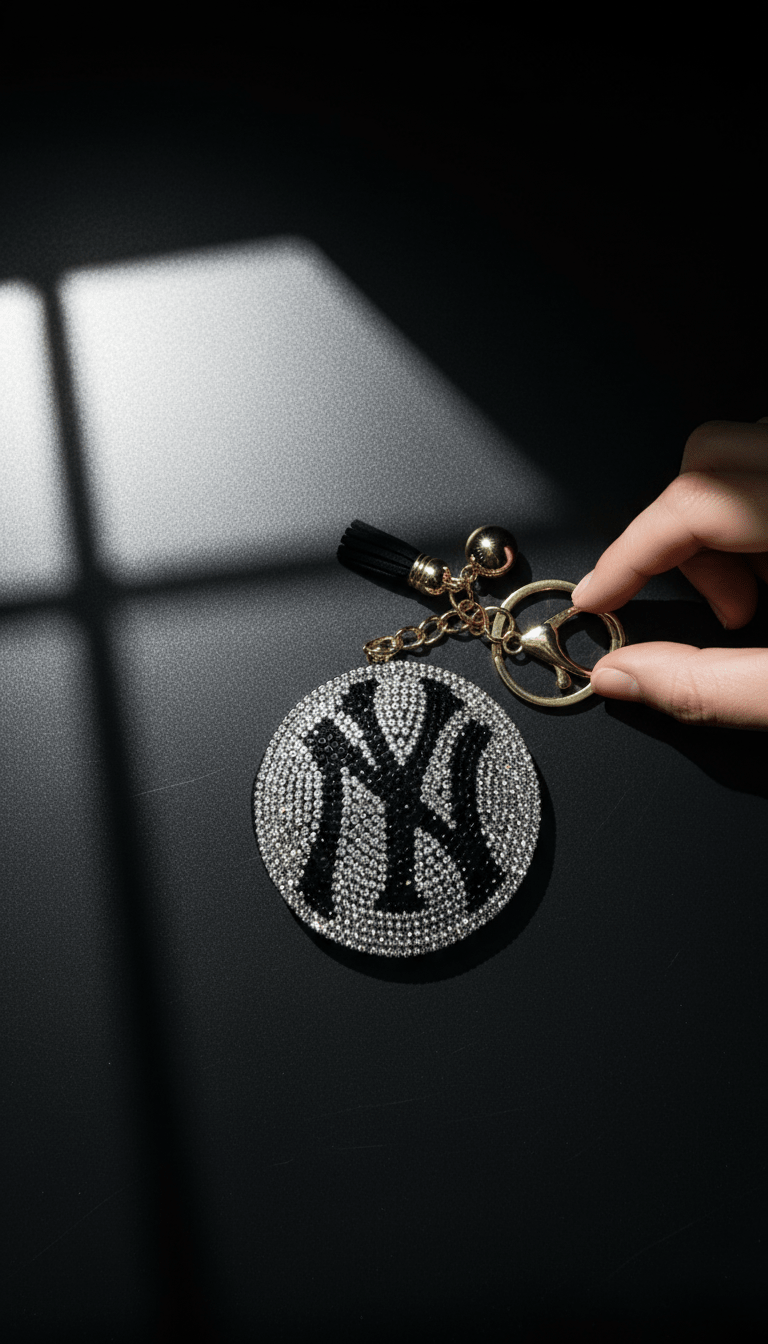 Close-up of rhinestone NY emblem and gold-tone clasp