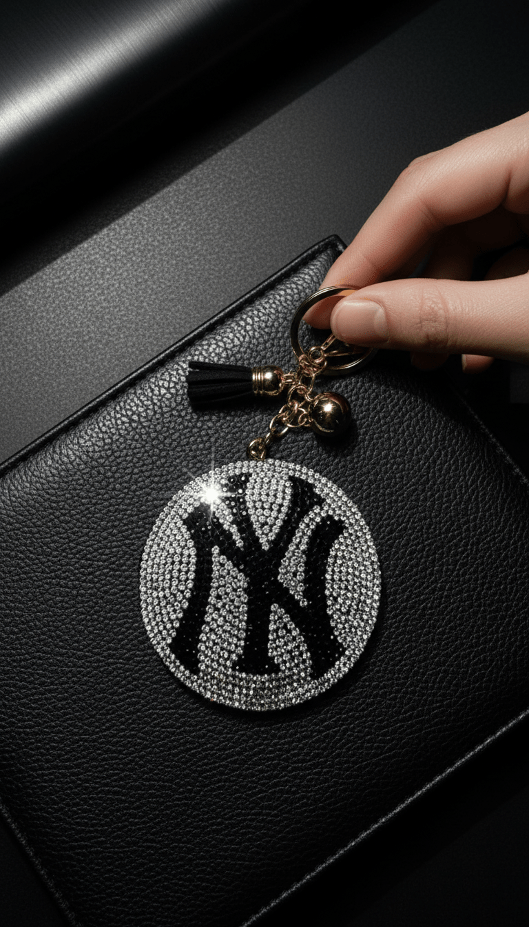 Rhinestone NY Yankees charm with tassel and gold-tone clasp on white background