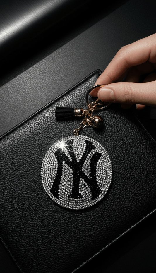 Rhinestone NY Yankees charm with tassel and gold-tone clasp on white background